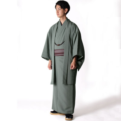男着物と羽織の2点セット 袷 紬 青磁色(Ｌサイズ)