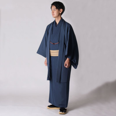 男着物と羽織の2点セット 袷 紬 紺(Ｌサイズ)