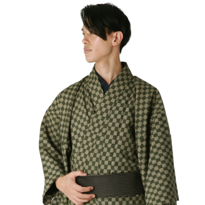男着物 洗える着物 東レシルック 小紋 単衣 市松(深緑×ベージュ) (5042)