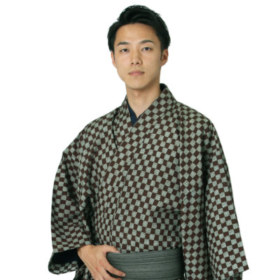 男着物 洗える着物 東レシルック 小紋 単衣 市松(茶×淡緑) (5043)