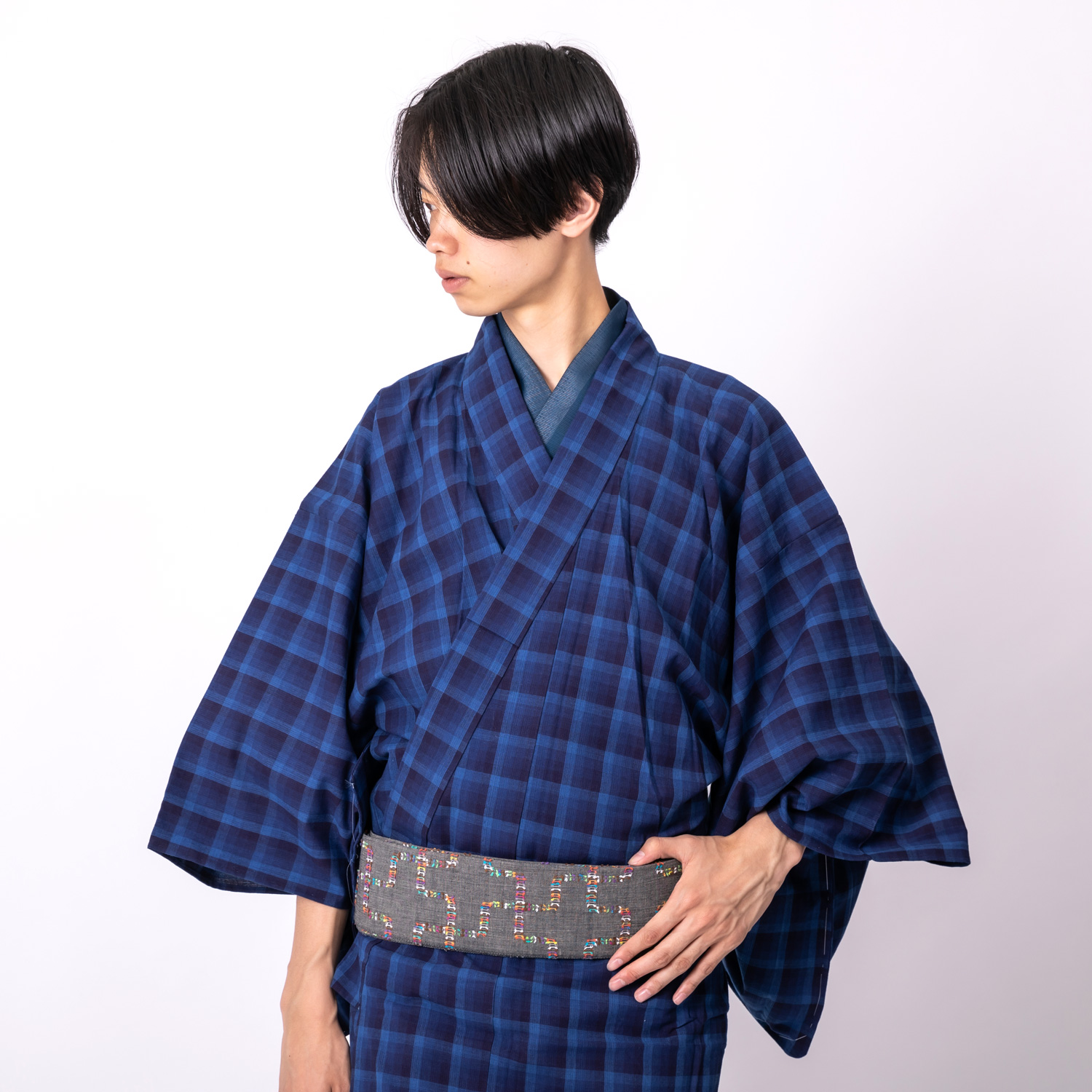 男着物 越後片貝木綿 単衣 紺色チェック柄 5281 公式 男着物の加藤商店